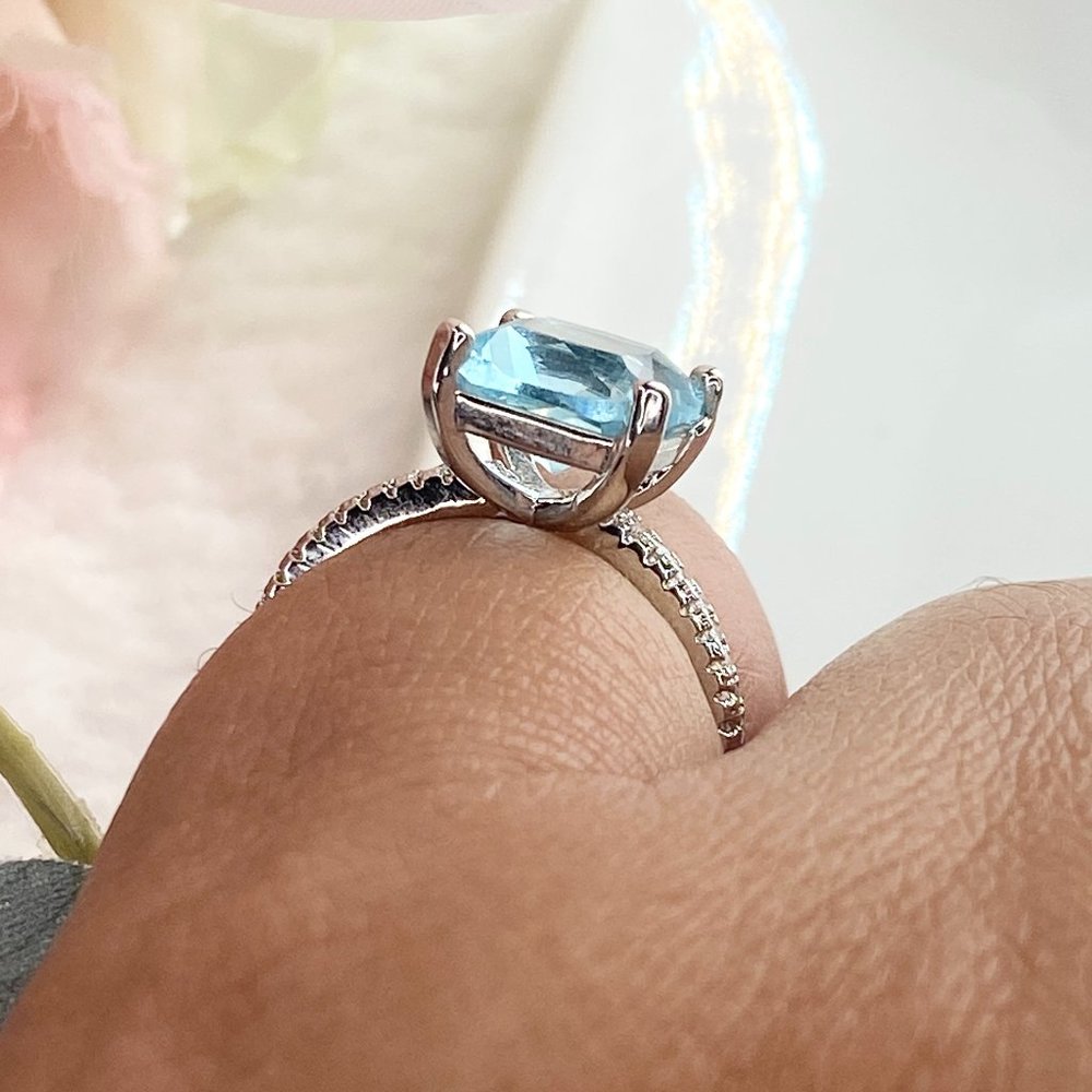 925 Sterling Silver Blue Cubic Zirconia Engagement Ring Size 6 - Picture 7 of 8